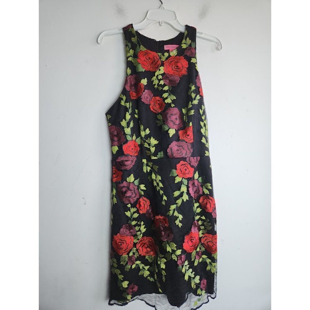 Betsy Johnson Black Lace w/Red Purple Floral Embroidery Shift Dress size 12